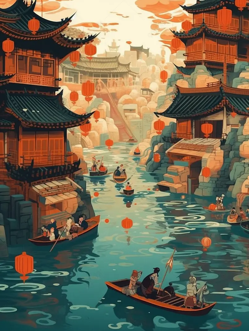 河岸两边的古风建筑房屋木船国潮背景