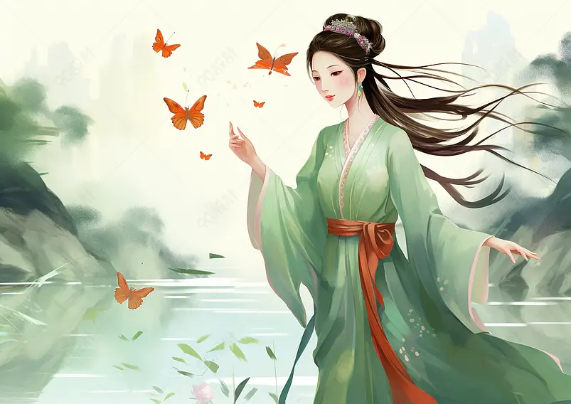 中国水墨古风美女艺术概念插画