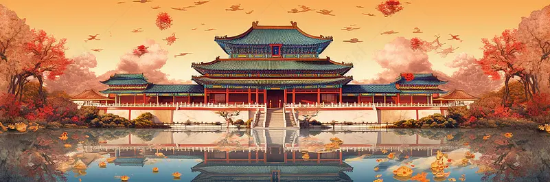 红色渐变大气国潮风插画故宫宫殿古风建筑水面倒影