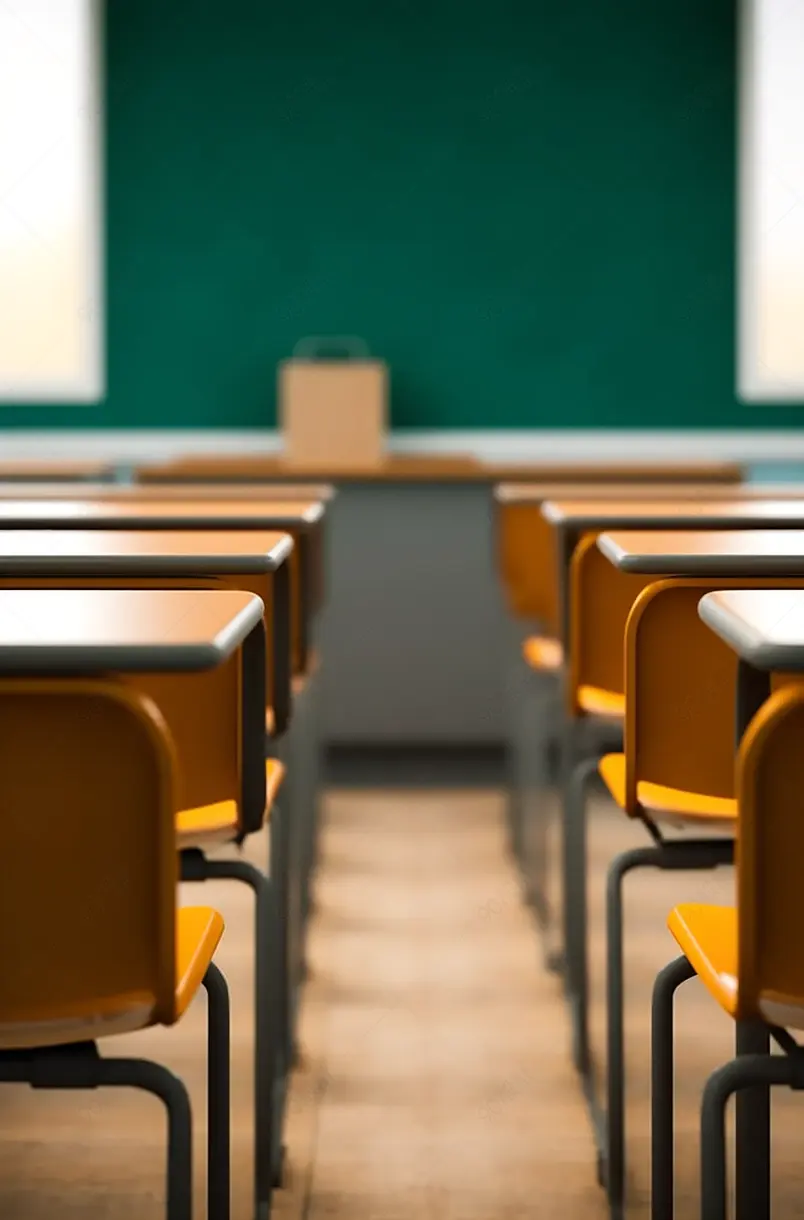 高中课堂空的演讲台对称桌椅摄影图