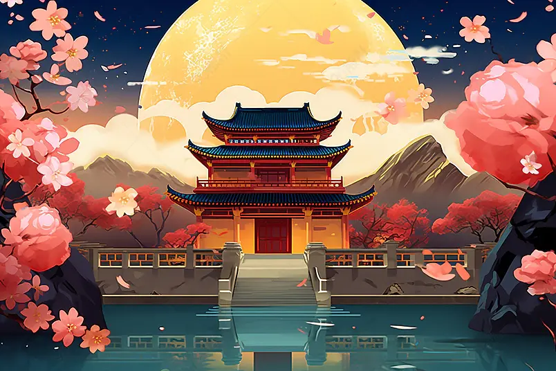 国潮中国风河南开封府山水建筑唯美风景背景插画