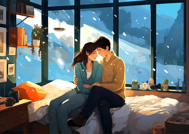 冬季阳光不及你的温暖冬天情侣居家插画