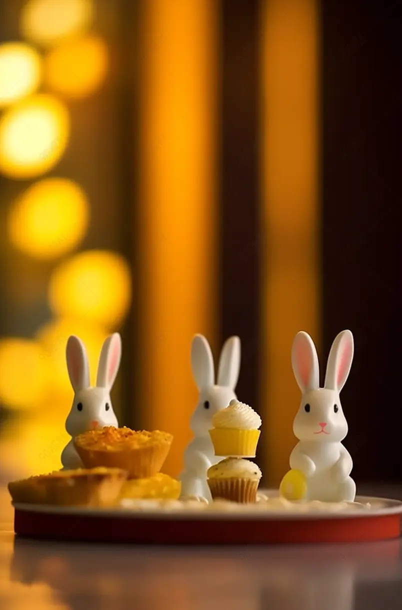 中秋节月饼和团圆的小兔子一家