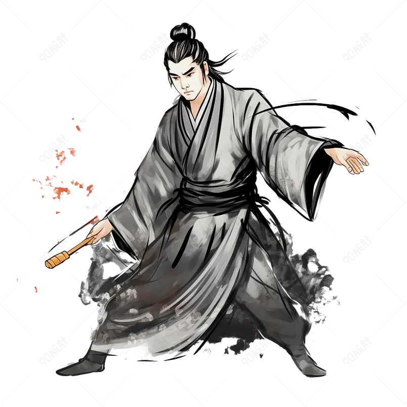 手绘水彩画水墨武侠大侠练功
