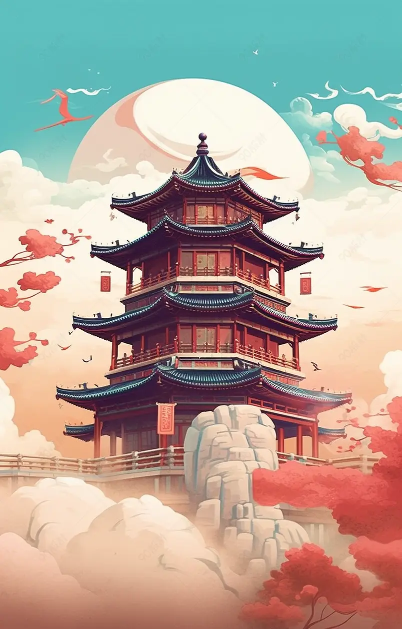 云巅气势磅礴的古建筑国潮中国风建筑插画背景