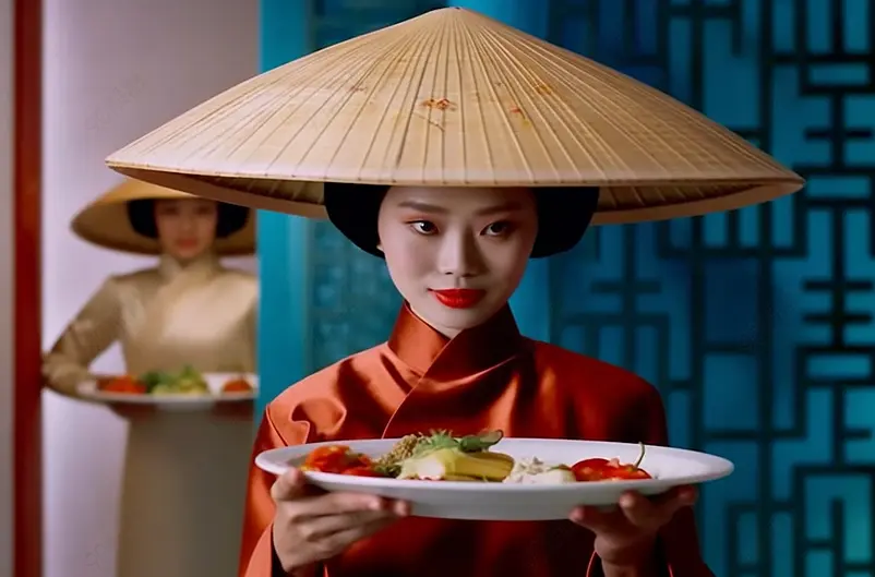 越南女孩吃饭女招待高级西餐膳食