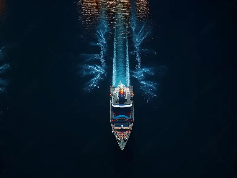 蓝色航拍海上夜景客船行驶摄影图