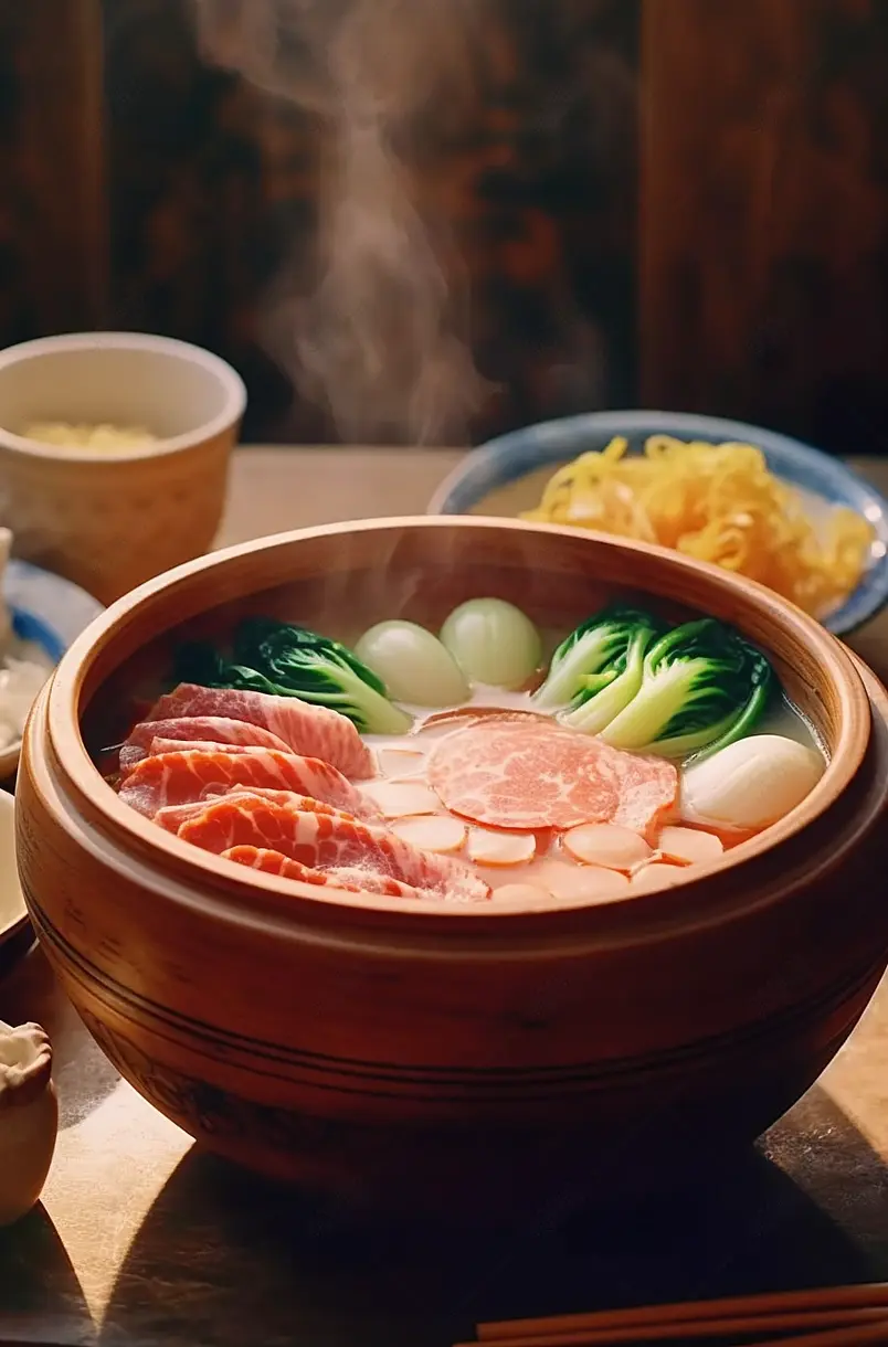 一锅腊味腊肉青菜培根肉卷煲仔饭香气腾腾餐饮美食图像摄影