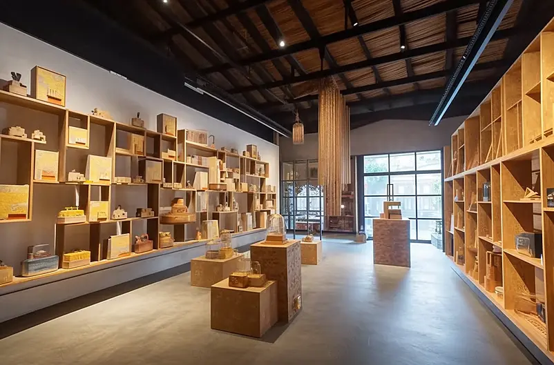 竹编手工艺品展示区摄影实拍