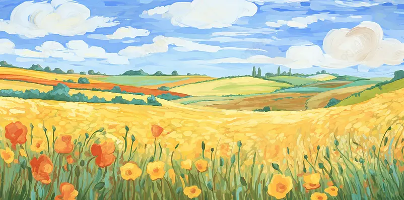 刮刀油画风夏天芒种田园风景插画