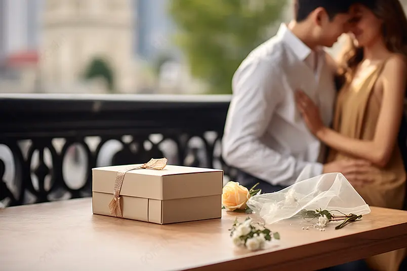 恩爱情侣相拥背景下的戒指