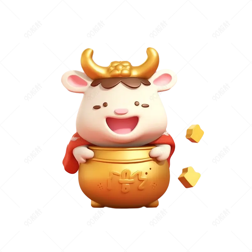 金色聚宝盆生肖牛装饰元素
