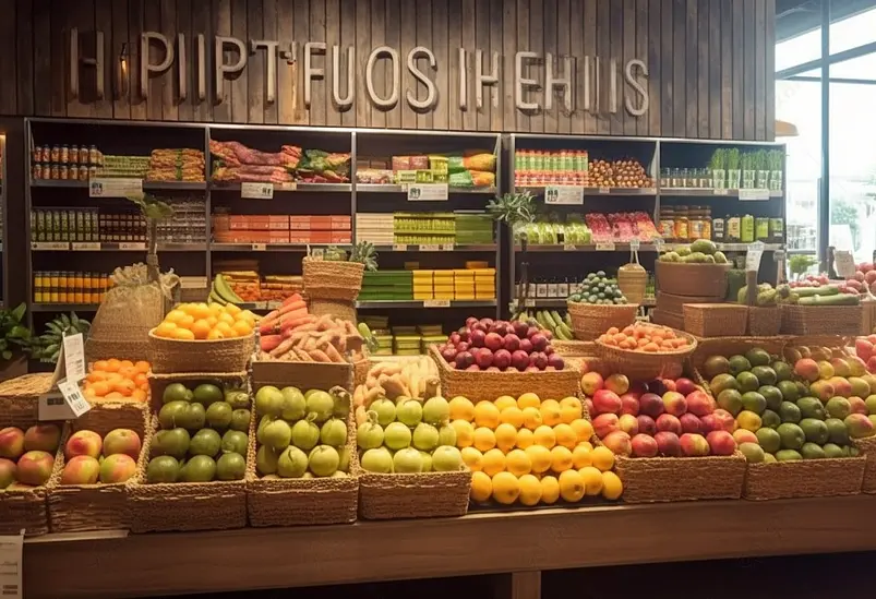 健康食品店的新鲜有机水果蔬菜和散装食品室内摄影