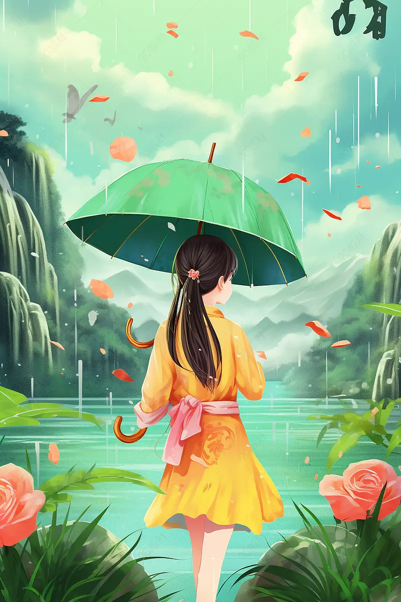 打伞清明节清新人物插画海报
