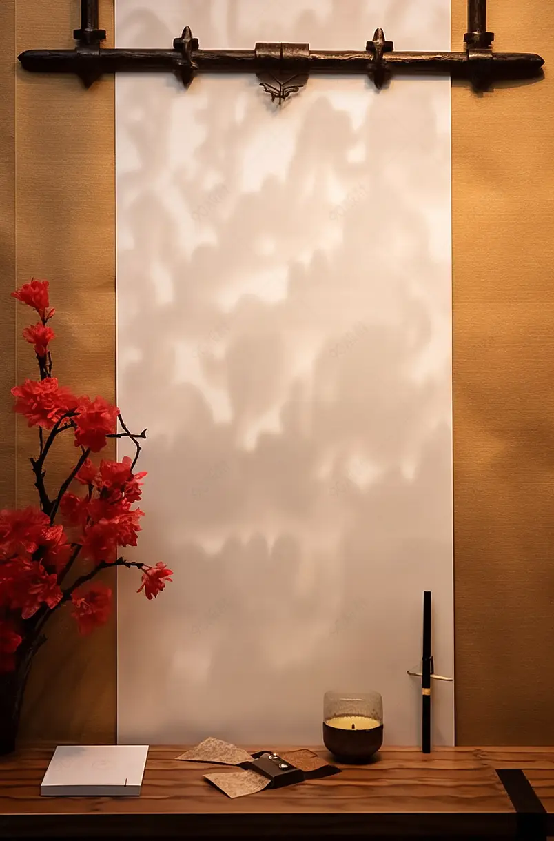 桌子上摆放的空白宣纸与毛笔