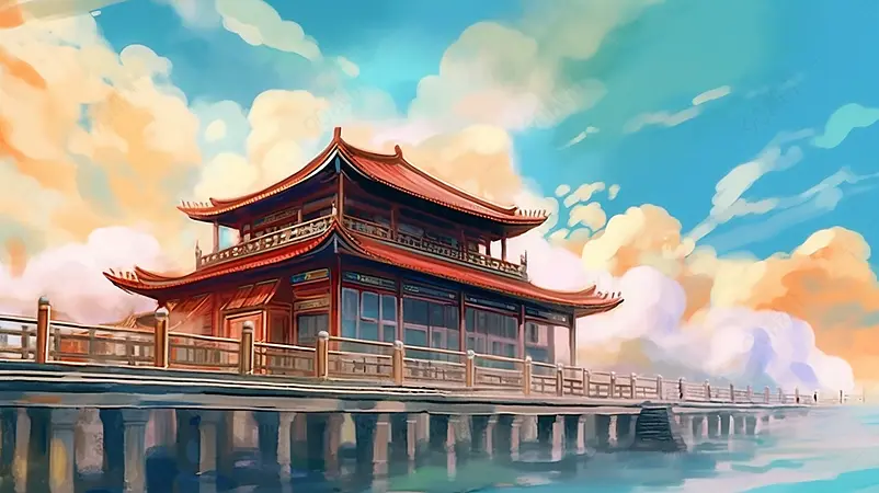 蓝色手绘国潮风中式建筑水中楼阁背景