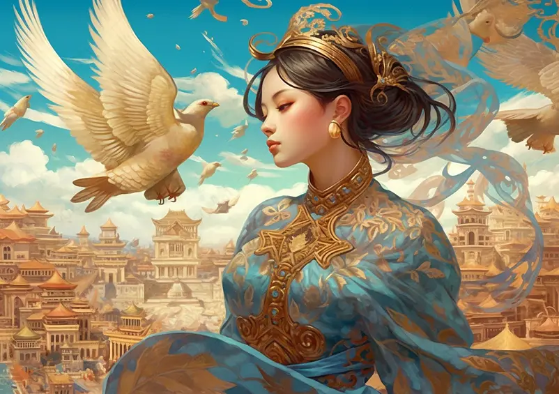 国潮古风建筑蓝天白云背景插画承德避暑山庄山海异兽鸟类和穿着敦煌风格服饰的女人