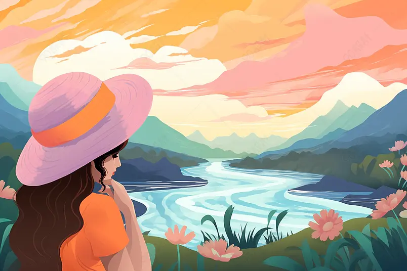 夏日暑假旅途摄影插画