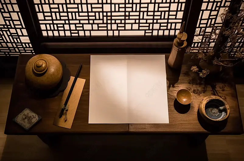 深棕色古风书桌桌面笔纸油墨文化场景俯视摄影