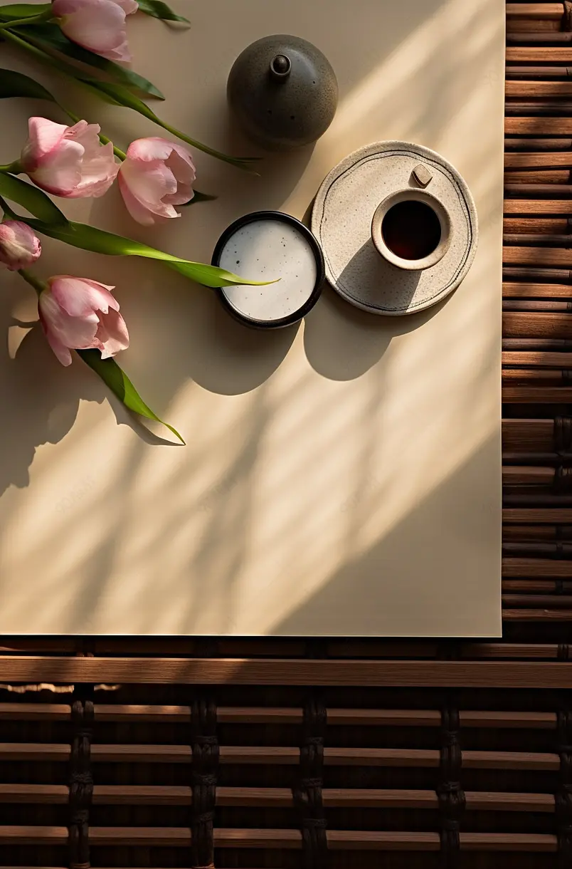 桌子上摆放的荷花与空白宣纸