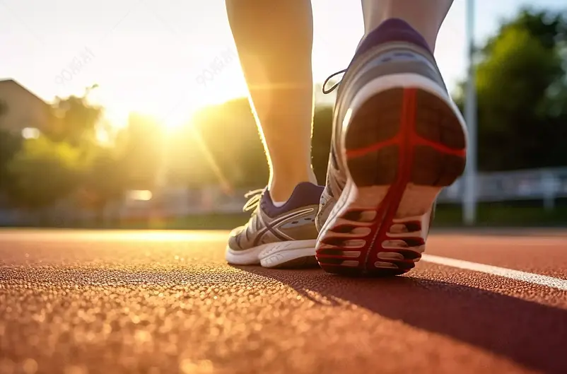 红色运动场地跑道上运动鞋跑步的双脚拍摄照片