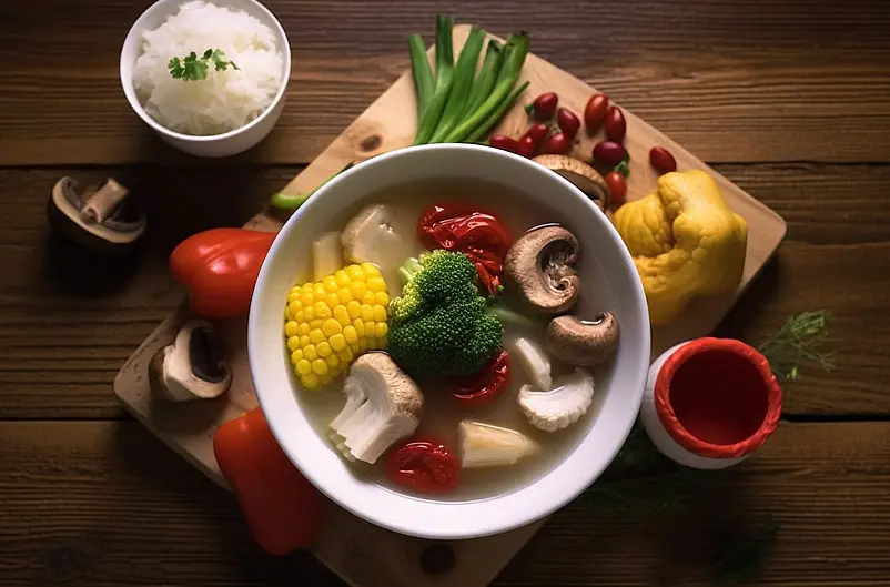 中餐鸡汤桌上摆着的玉米青椒西蓝花香菇鸡汤和米饭生姜大葱红辣椒餐饮美食实拍图像摄影