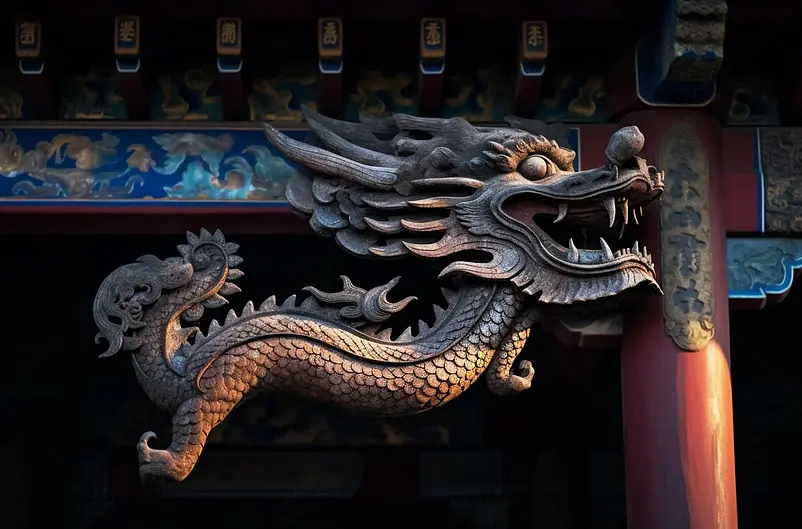 太原晋祠木构古建筑龙形雕刻摄影图