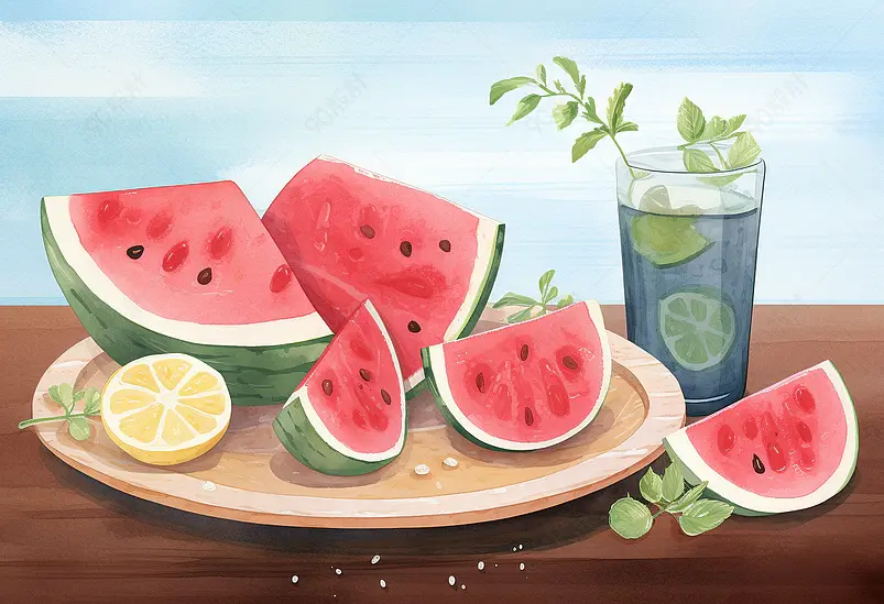 蓝天下可口西瓜艺术概念插画