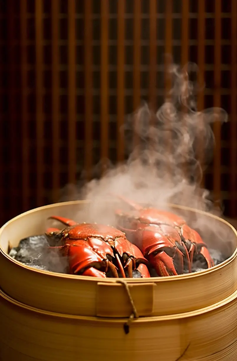 蒸笼里热气腾腾的大闸蟹已经煮熟了餐饮美食图像摄影