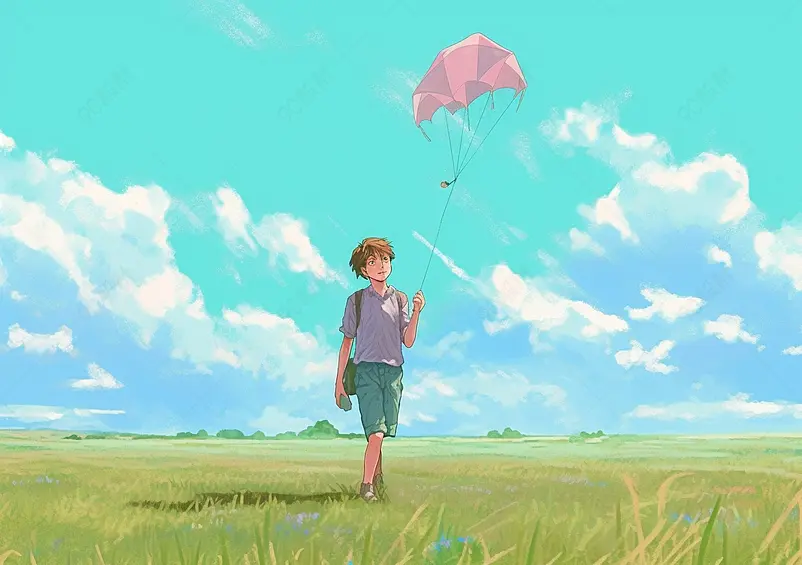 日系儿童节女孩在草原草地快乐地放风筝小清新插画