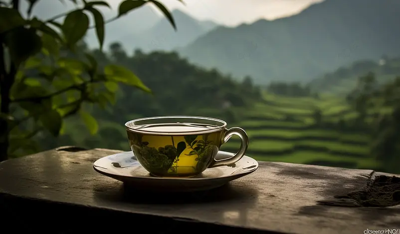 桌案上的杯子和美丽大自然高清特写摄影图