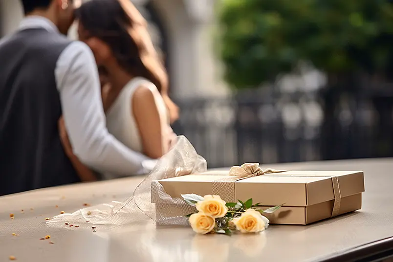 恩爱情侣相拥背景下的戒指