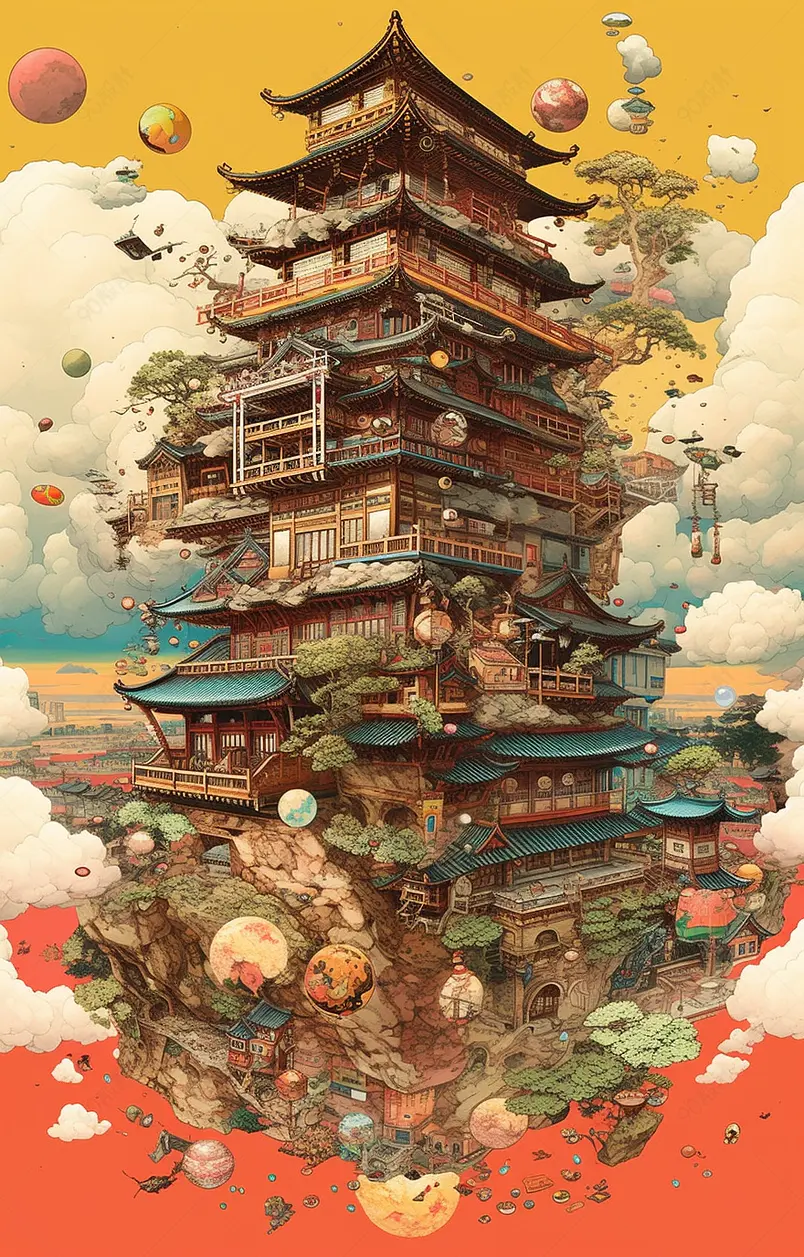 悬浮在空中的国潮古建筑插画中国风背景