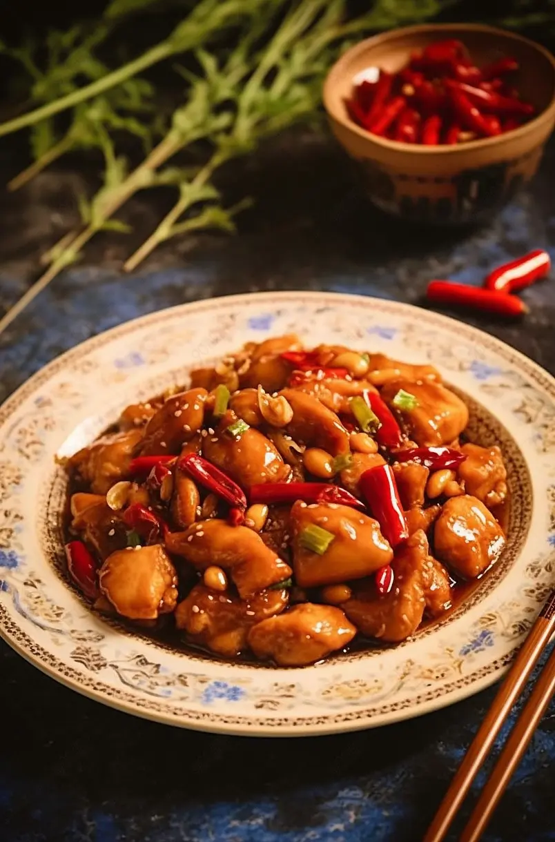 实拍辣炒鸡肉辣子鸡装饰草摄影