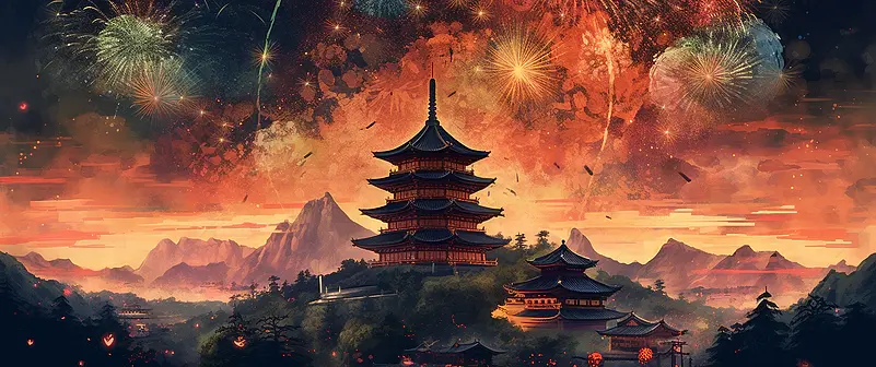 国潮中国风插画喜庆的场景古风房屋建筑楼阁天空中灿烂的烟花焰火绽放夜景