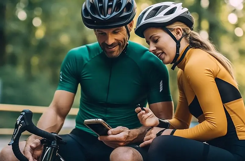 幸福的情侣骑着公路自行车摄影图