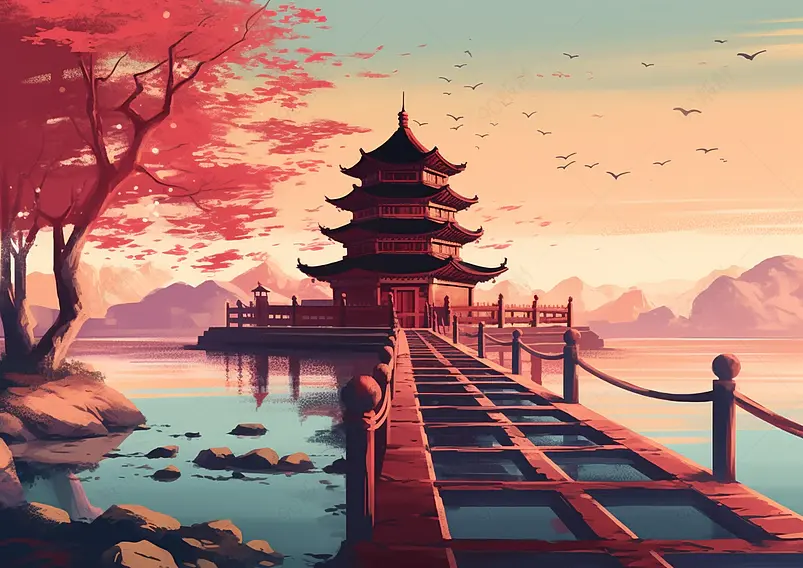 氛围感新中式建筑国潮手绘背景图