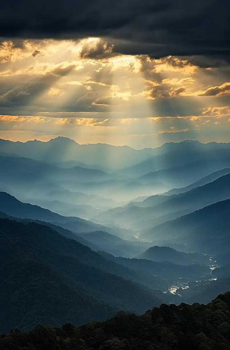 阳光透过云洞照到黑暗的山
