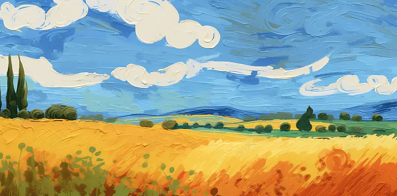 刮刀油画风炎热夏日麦田田野风景