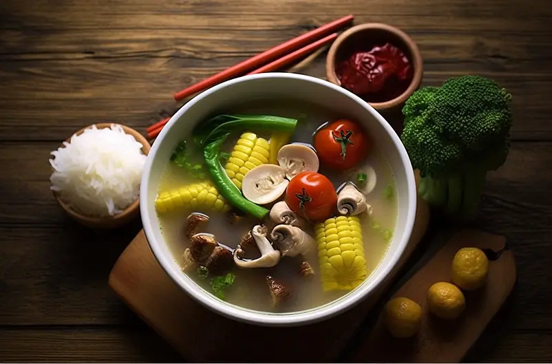 中餐鸡汤桌上摆着的玉米青椒西蓝花蘑菇鸡汤和米饭板栗生姜餐饮美食实拍图像摄影