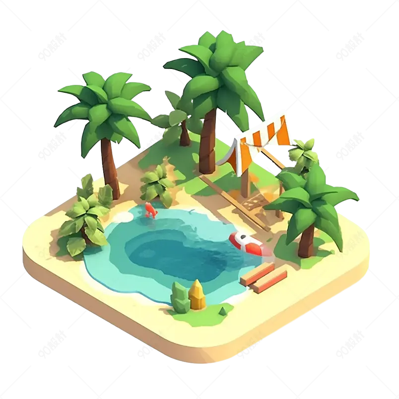 2.5d手绘插画风夏季沙滩度假椰树元素