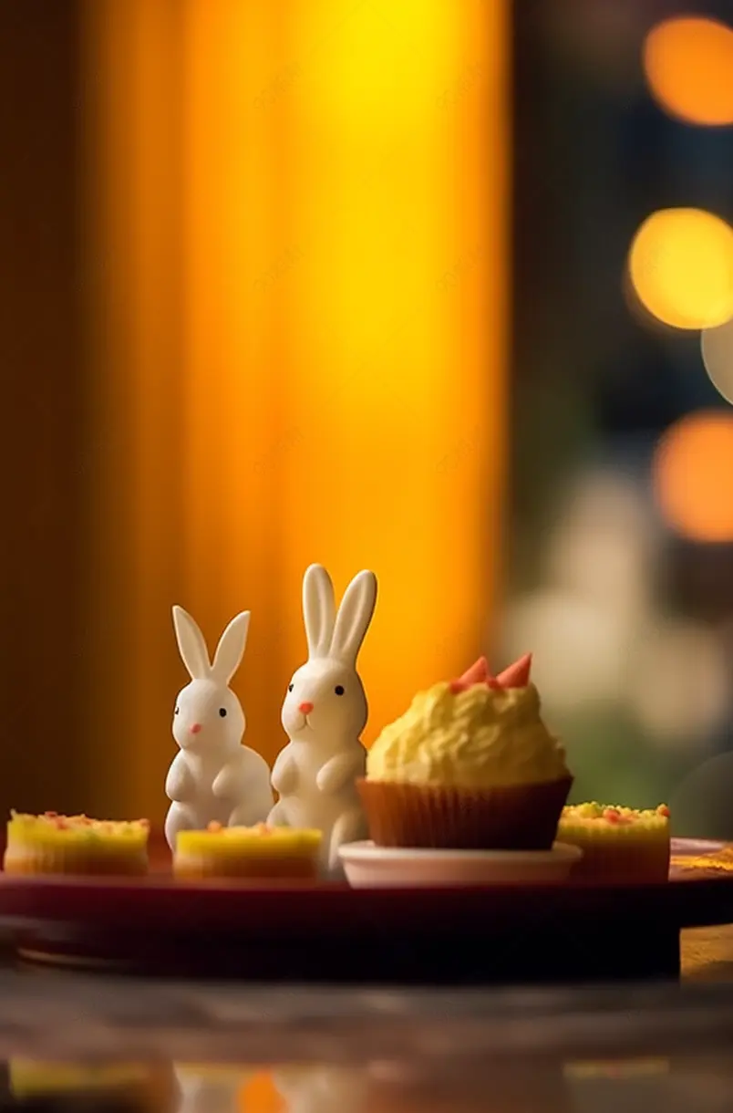 中秋节月饼和团圆的小兔子一家