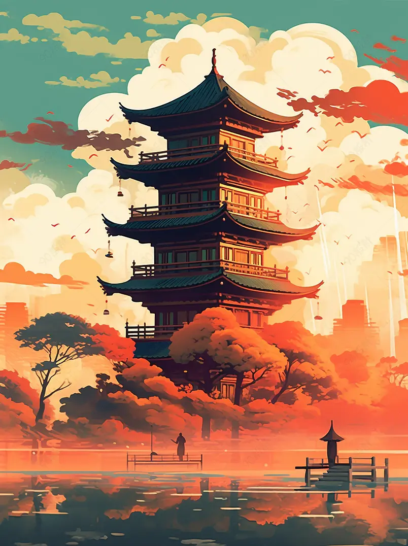 国潮风西安城市古风建筑高塔天空和白云平静的湖面倒影场景背景插画