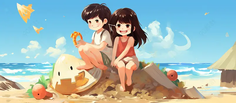大暑情侣海边玩耍插画banner