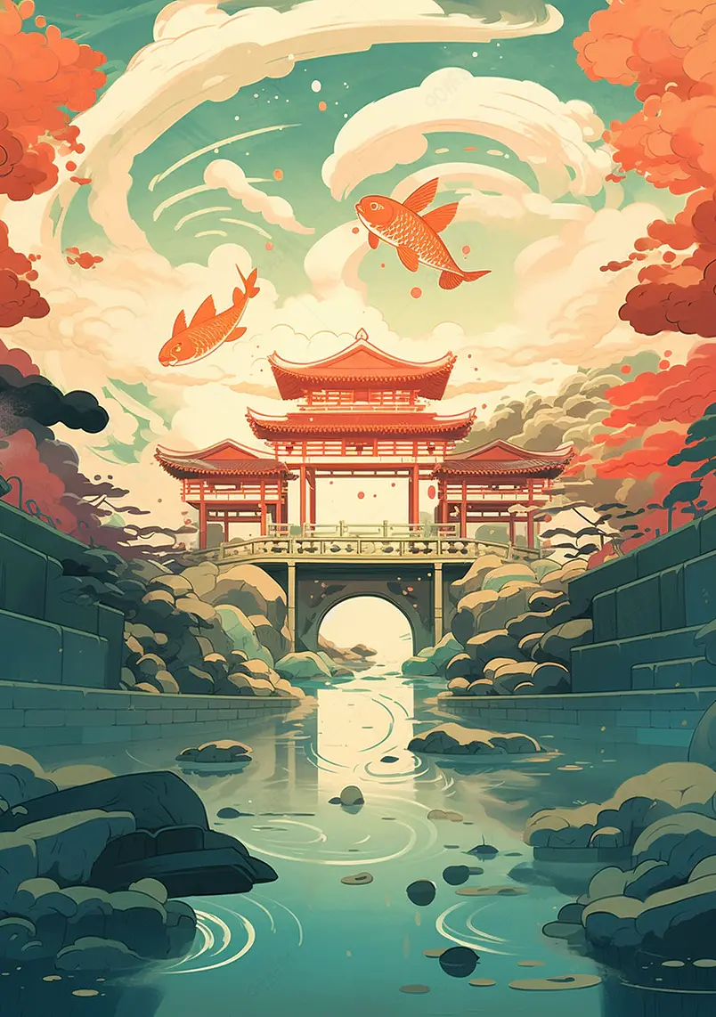 鲤鱼跃龙门国潮中国风古典插画背景