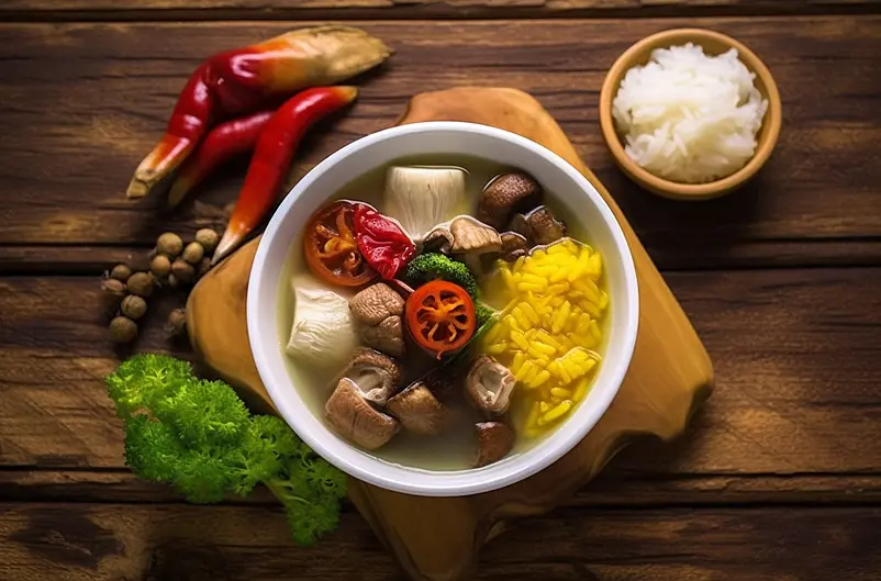 中餐鸡汤桌上摆着的青椒西蓝花蘑菇鸡汤和米饭升生姜大葱红辣椒餐饮美食实拍图像摄影