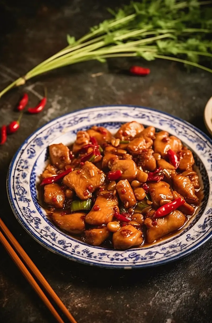 俯拍辣炒鸡肉辣子鸡装饰草摆拍摄影