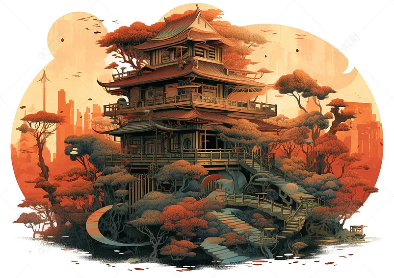 中国风国潮新中式秋季时节古风建筑树木枫树室外无人的场景背景留白插画