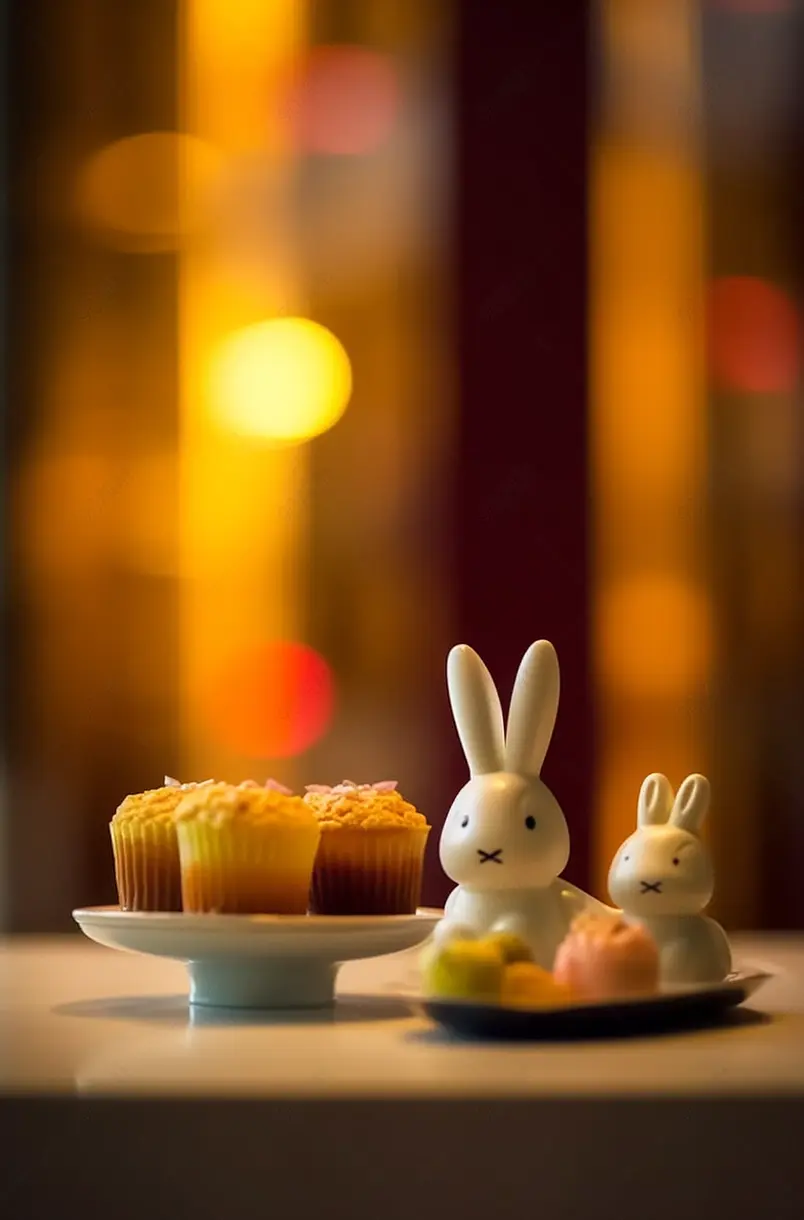 中秋节月饼和团圆的小兔子一家