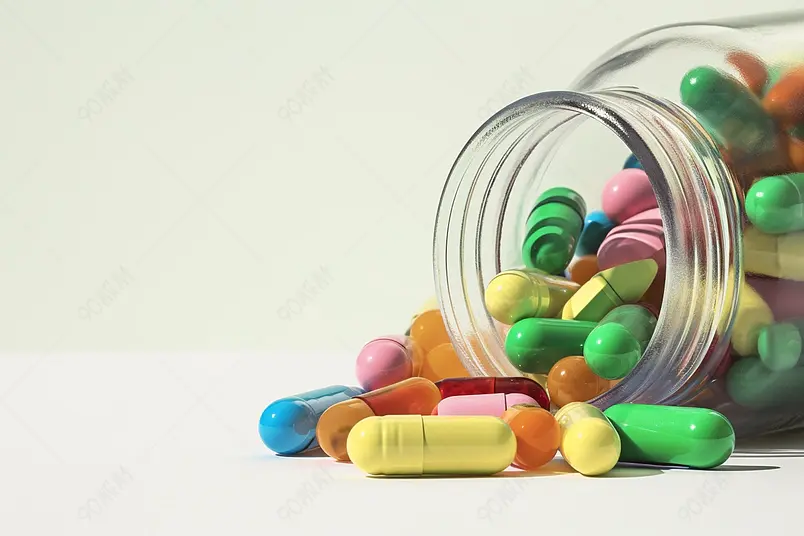 药片玻璃罐储存的胶囊摄影图